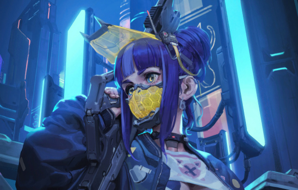 Девушка аниме солдат с маской на лице