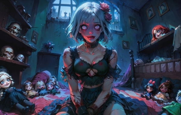 Девушка аниме зомби в комнате с куклами