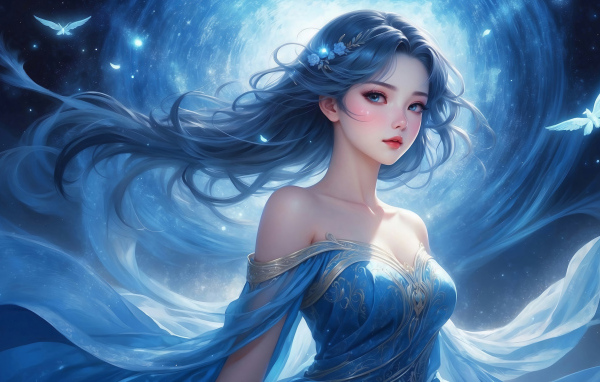 Красивая девушка аниме на фоне лунного сияния