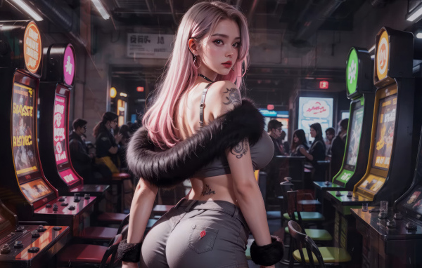 Красивая девушка аниме в зале с игровыми автоматами