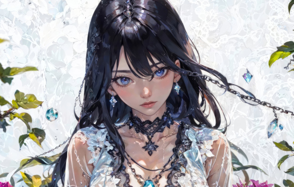 Красивая голубоглазая девушка аниме с черными волосами