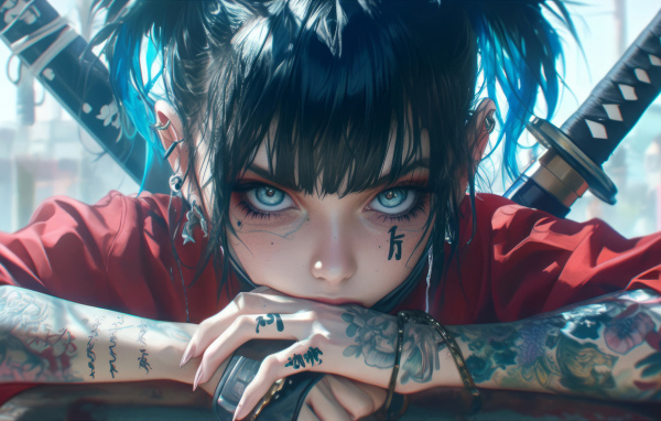Голубоглазая аниме девушка с татуировками на теле