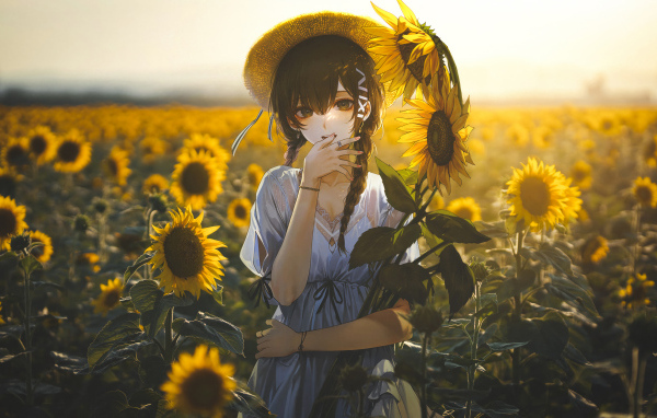 Милая девушка аниме на поле с подсолнухами