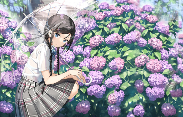 Милая девушка аниме с зонтом у кустов с цветами