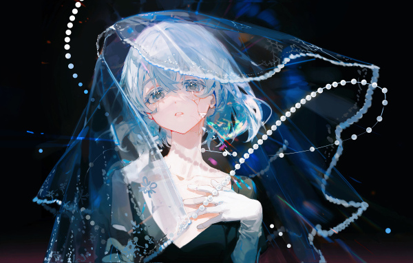 Грустная девушка аниме с фатой на лице