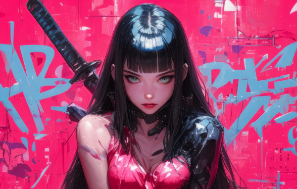 Суровая аниме девушка с катаной за спиной