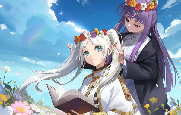 Две девушки аниме на поле с венками