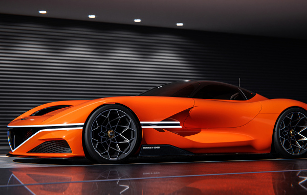 Быстрый оранжевый автомобиль Genesis X Gran Berlinetta вид сбоку