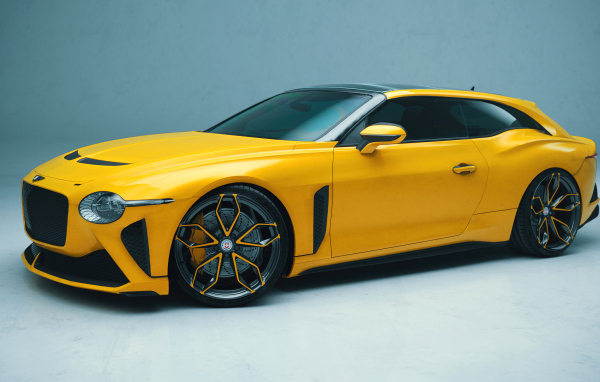 Желтый автомобиль Bentley Mulliner Bacalar на голубом фоне