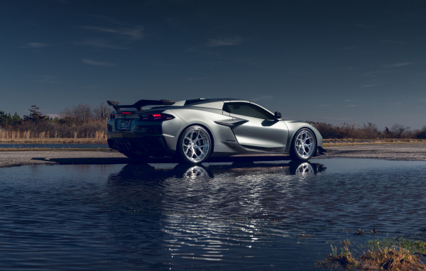 Вид сзади на автомобиль Chevy Corvette Z06 у воды