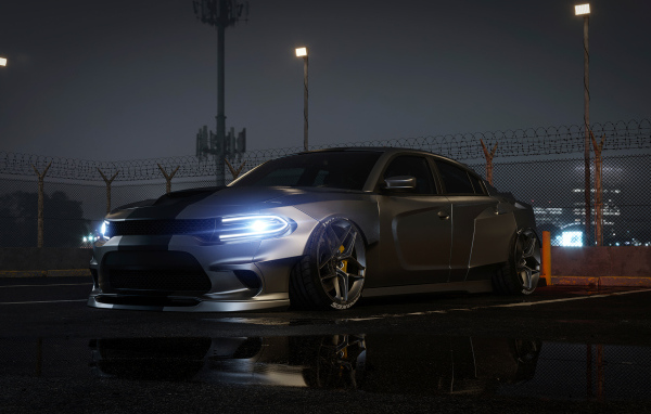 Автомобиль Dodge Charger CGI с включенными фарами