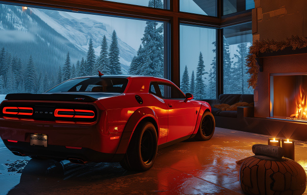 Вид сзади на красный автомобиль Dodge Challenger SRT Demon