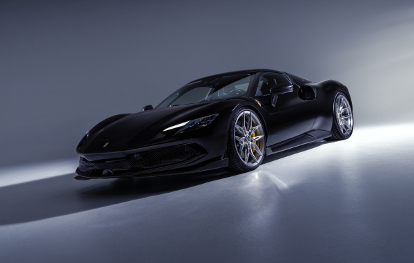 Черный быстрый автомобиль Novitec Ferrari 296 GTB Aero 2024 года