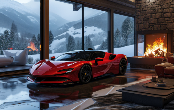 Красный автомобиль Ferrari SF90 Stradale AI в комнате с камином