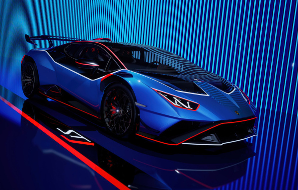 Синий быстрый автомобиль Lamborghini Huracán STJ