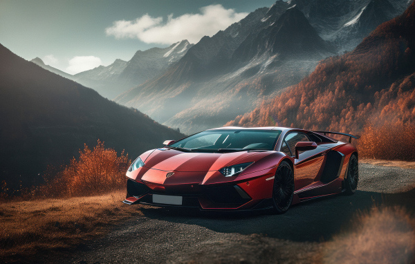 Автомобиль Lamborghini Aventador Autumn Road  в горах
