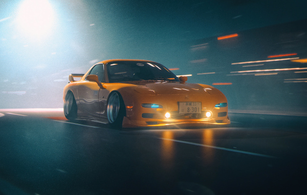 Желтый автомобиль Mazda RX-7 JDM