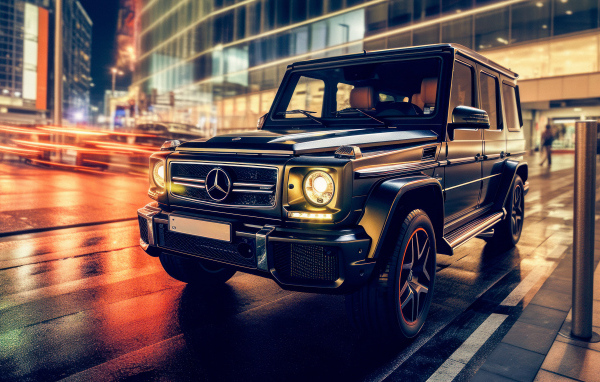 Черный внедорожник Mercedes-Benz G63 AMG в городе