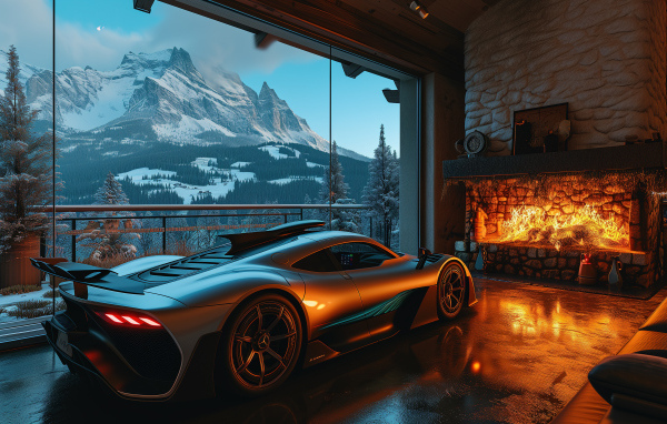 Автомобиль Mercedes-AMG ONE в комнате с камином