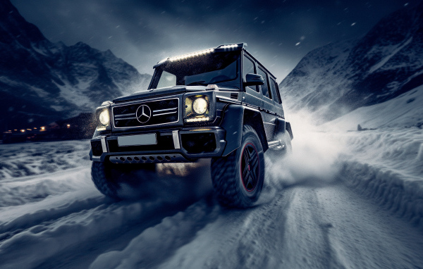 Джип Mercedes-Benz G63 AMG едет по снегу