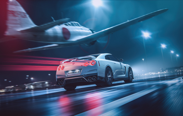 Самолет пролетает над автомобилем Nissan GT-R