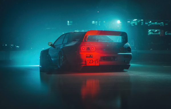 Вид сзади на автомобиль Nissan Skyline GTR R32