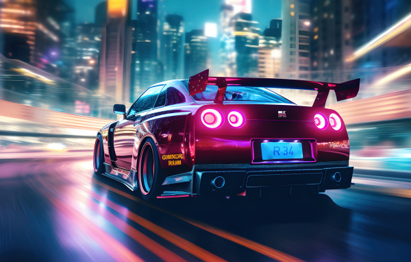 Вид сзади на автомобиль Nissan Skyline R34