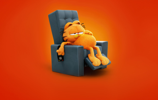 Кот в кресле на оранжевом фоне новый фильм Гарфилд в кино, 2024