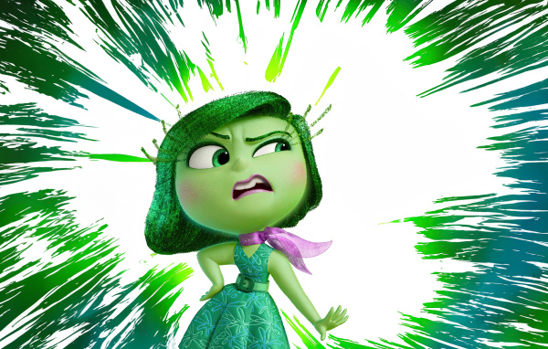 Красивый персонаж Брезгливость из мультфильма Головоломка 2 на зеленом фоне