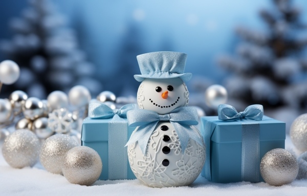 Снеговик с подарками и еловыми игрушками на Рождество