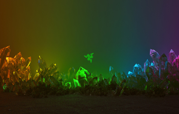 Зеленый логотип razer на фоне с кристаллами