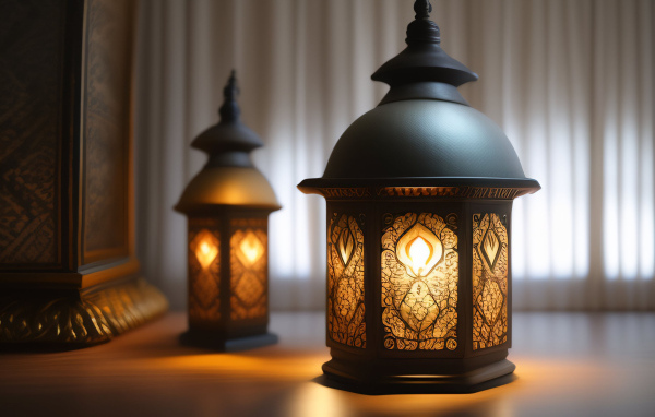 Два зажженных фонаря стоят на столе