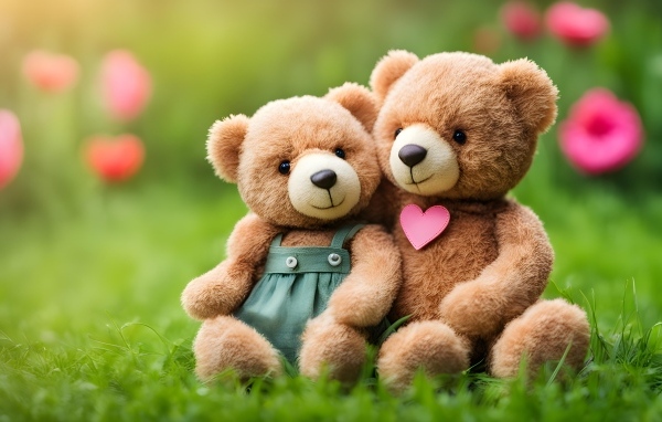 Два игрушечных медвежонка сидят на траве