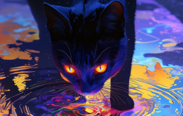 Черный кот с яркими оранжевыми глазами идет по воде