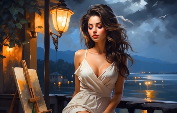 Красивая нарисованная девушка у воды