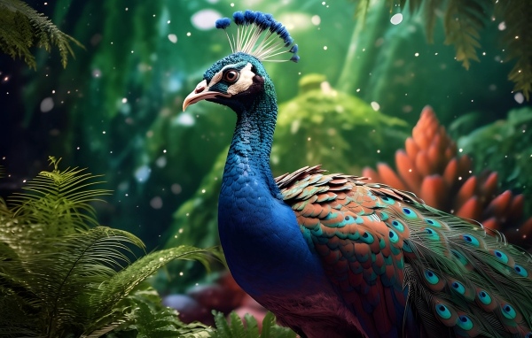 Красивый нарисованный павлин в лесу