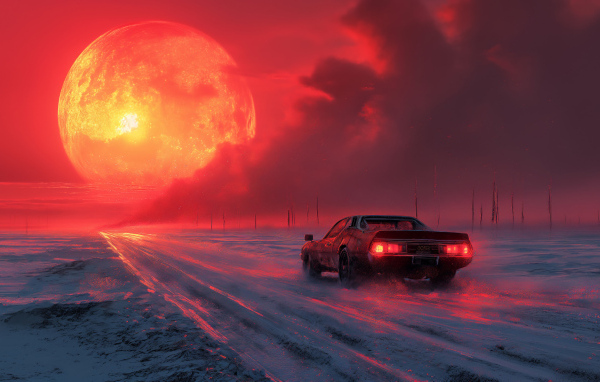 Автомобиль на дороге на фоне огненной луны