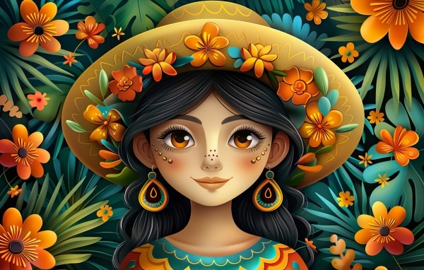 Нарисованная мексиканка в шляпе