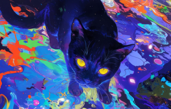 Нарисованный черный кот с желтыми глазами