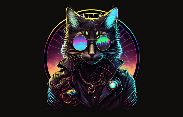 Нарисованный кот в очках и кожаной куртке