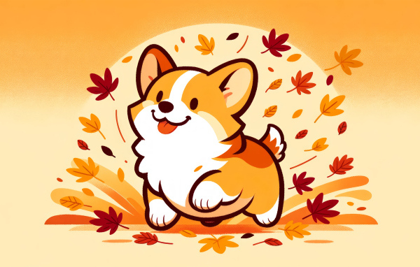 Нарисованный веселый корги с листьями