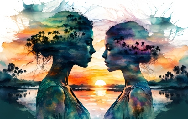 Нарисованные силуэты девушек на фоне природы