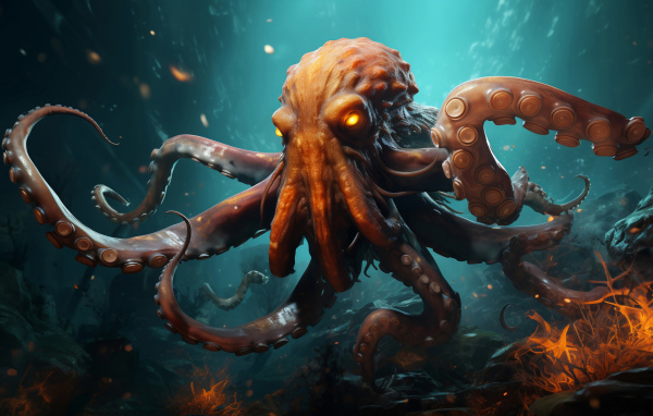 Большой нарисованный осьминог в воде