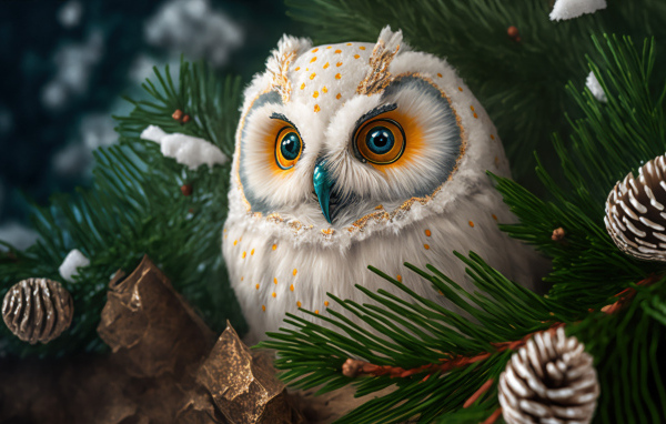 Большая нарисованная сова в сосновых  ветках