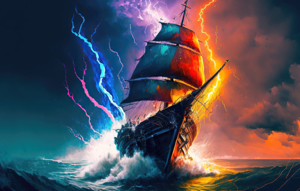 Большой нарисованный корабль в море в грозу