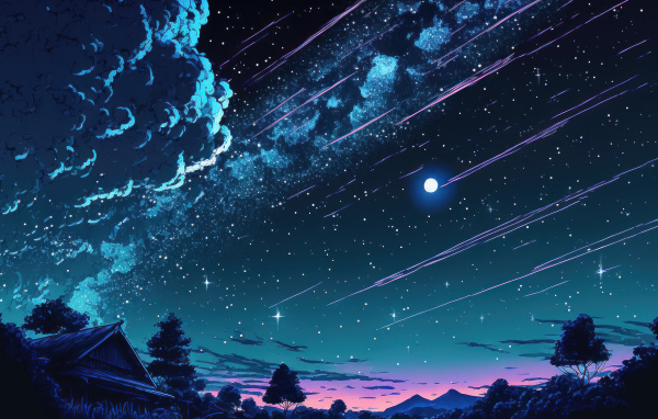 Нарисованное небо над домом и яркой луной