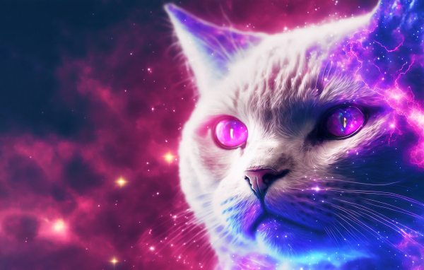 Нарисованный белый неоновый кот 