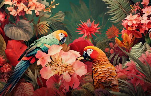 Два красивых попугая в цветах