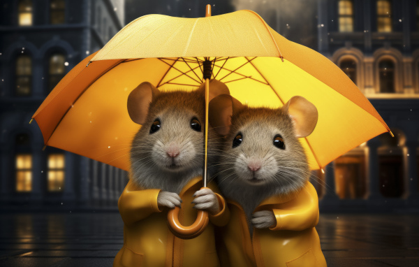 Две серые крысы под желтым зонтом
