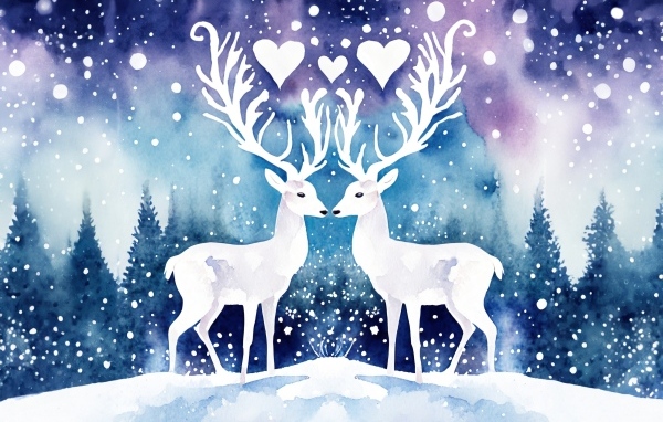 Два нарисованных оленя зимой